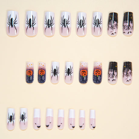 24pcs/Set Halloween White French Black Spiders Orange Pumpkins Dark Forest Press-On Nails