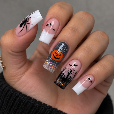 24pcs/Set Halloween White French Black Spiders Orange Pumpkins Dark Forest Press-On Nails