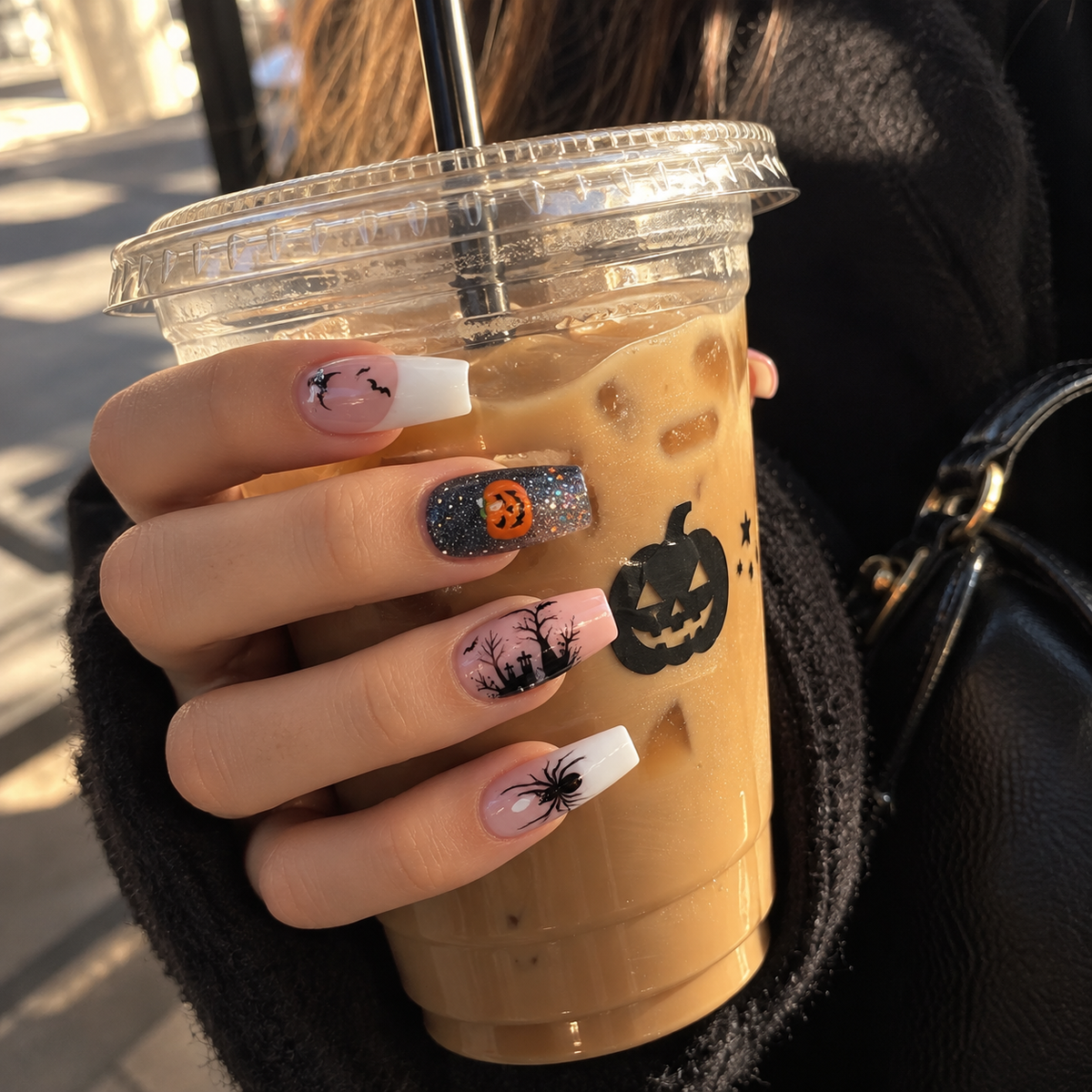 24pcs/Set Halloween White French Black Spiders Orange Pumpkins Dark Forest Press-On Nails