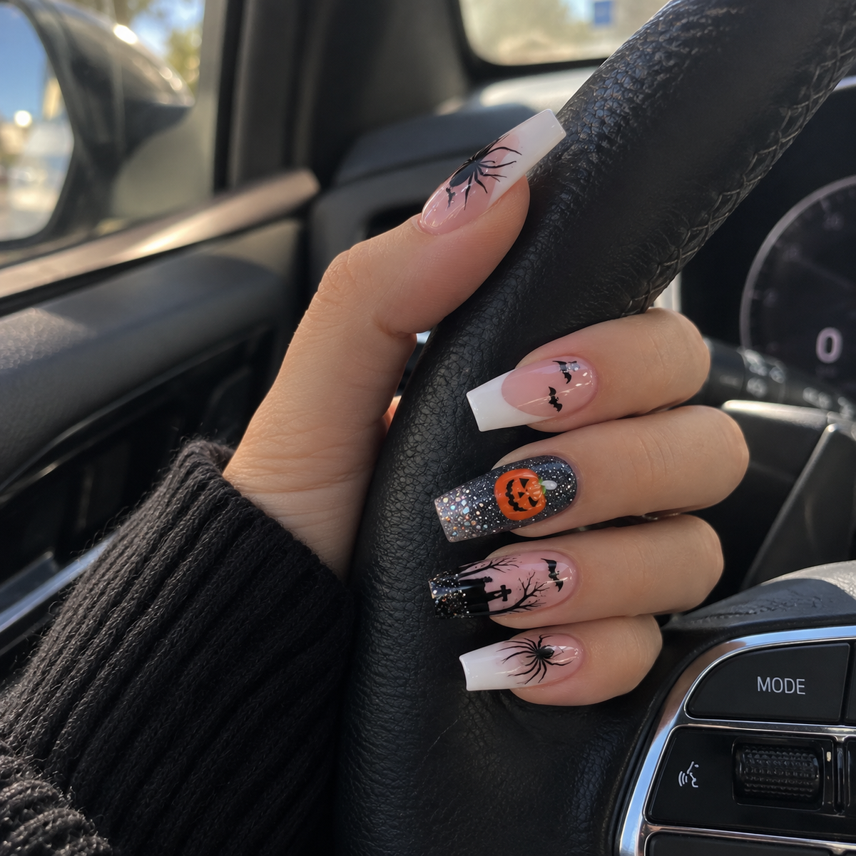 24pcs/Set Halloween White French Black Spiders Orange Pumpkins Dark Forest Press-On Nails