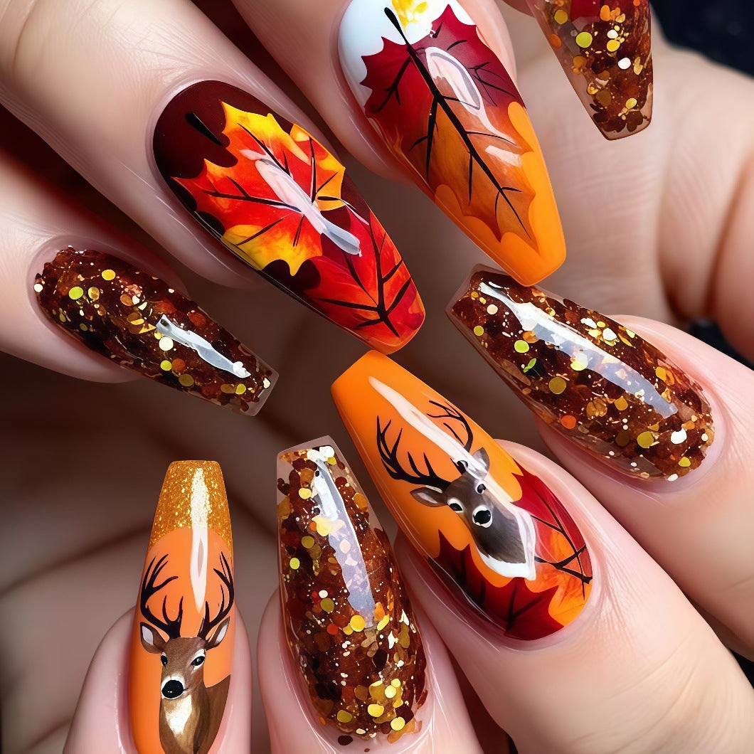 24pcs/Set Autumn Maple Leaf Deer Head Press-On Nails