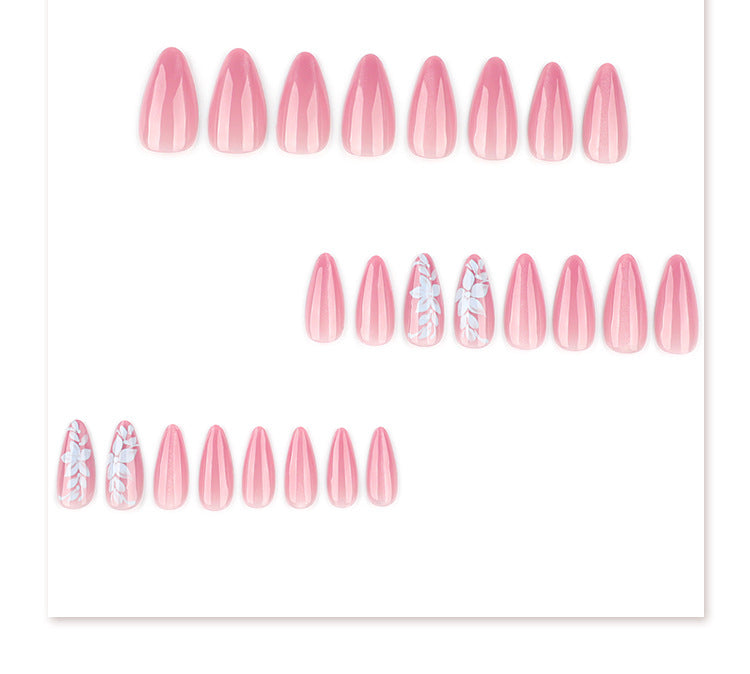 24pcs/Set Pink Cat Eye White Flowers Press-On Nails