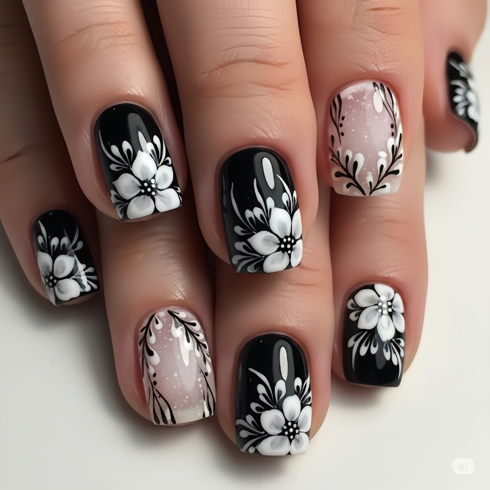 24pcs/Set Black & Nude Botanical Floral Press-On Nails