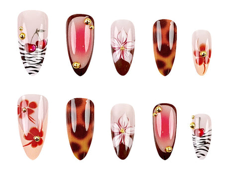 24pcs/Set Glitter Leopard Blush Flower Cherry Press-On Nails