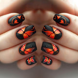 24pcs/Set Matte Vermilion Butterfly Black Vintage Press-On Nails