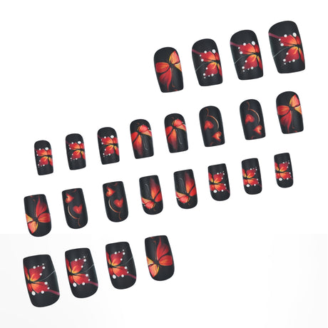 24pcs/Set Matte Vermilion Butterfly Black Vintage Press-On Nails