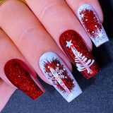 24pcs/Set Christmas Red Base White Snowflake Tree Press-On Nails