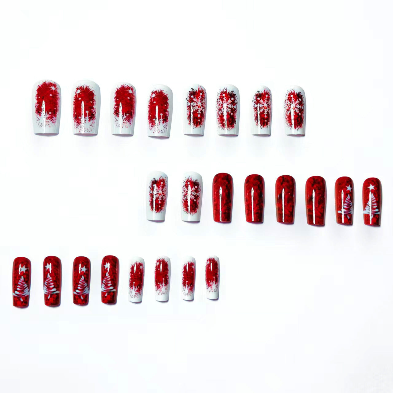 24pcs/Set Christmas Red Base White Snowflake Tree Press-On Nails
