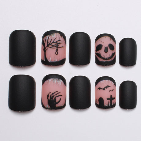 24pcs/Set Short Black Halloween Skeleton Crow Branch Press-On Nails