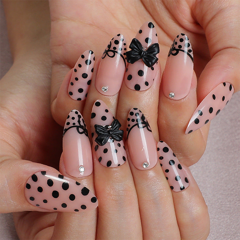 24pcs/Set Almond French Bow With Polka Dots Press-On Nails
