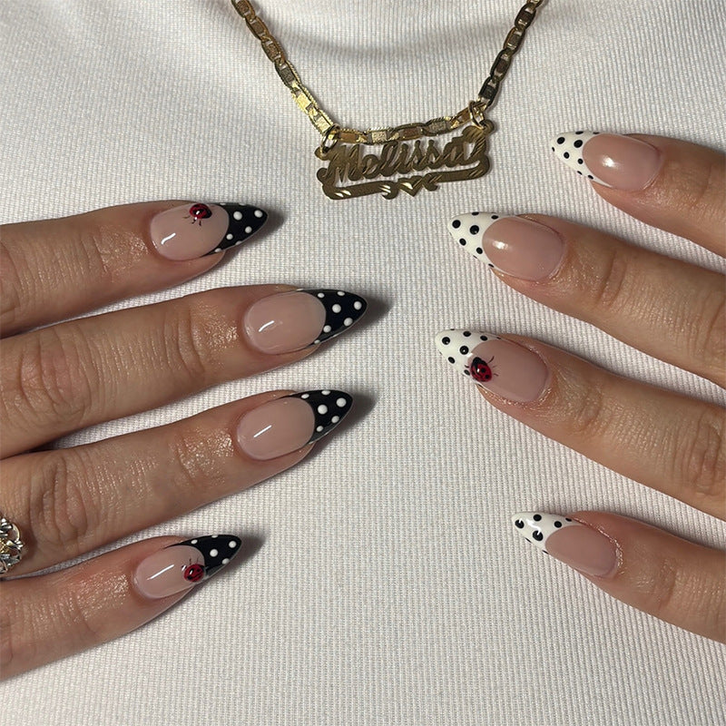 24pcs/Set Black White Polka Dot French Trim Ladybug Press-On Nails