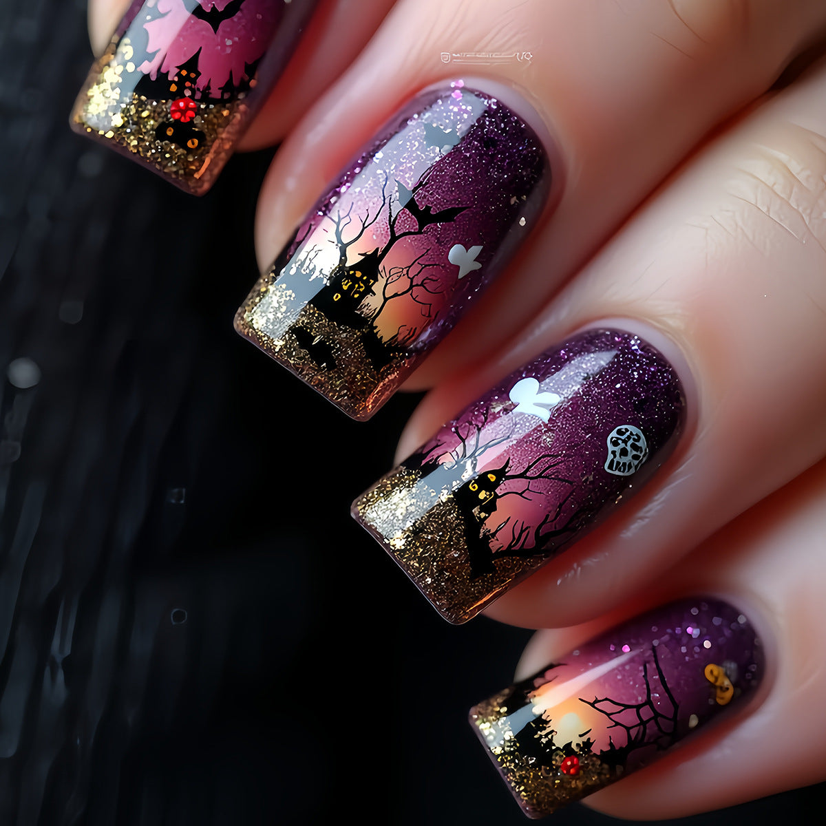 24pcs/Set Halloween Short Purple Background Purple Forest Bats Press-On Nails