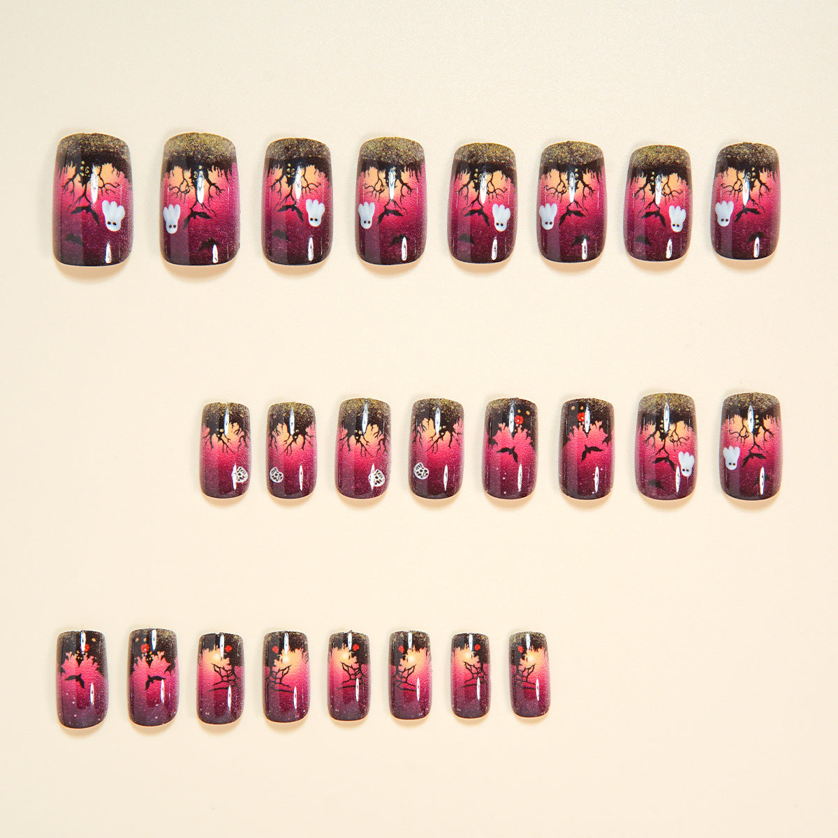 24pcs/Set Halloween Short Purple Background Purple Forest Bats Press-On Nails