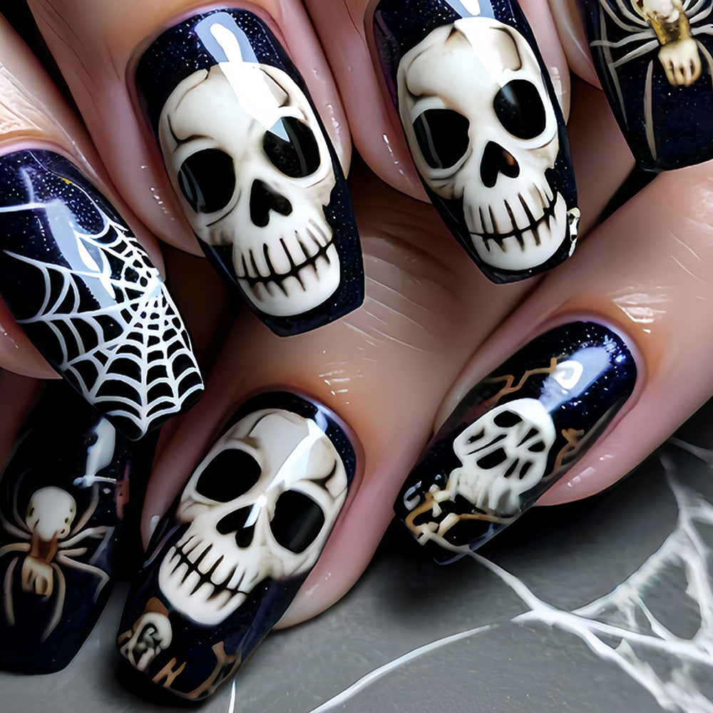 24pcs/Set Halloween Black Background With White Skulls And Cobweb Press-On Nails
