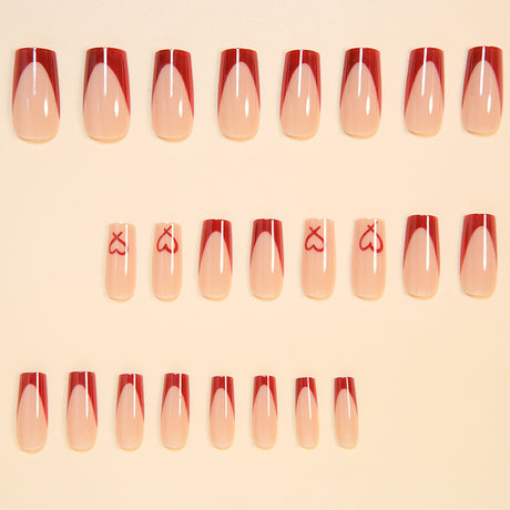 24pcs/Set Wine Red French Hearts Tip Press-On Nails