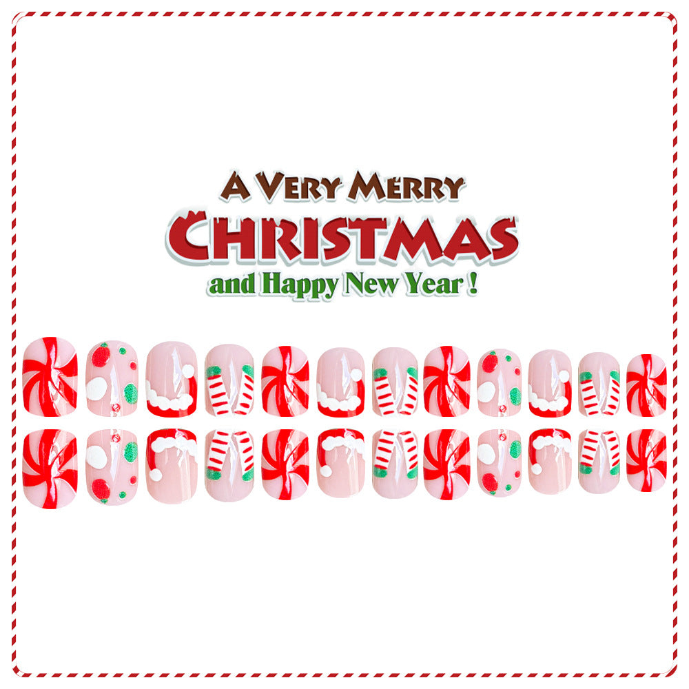 24pcs/Set Christmas Santa Hat Candy Short Top Press-On Nails