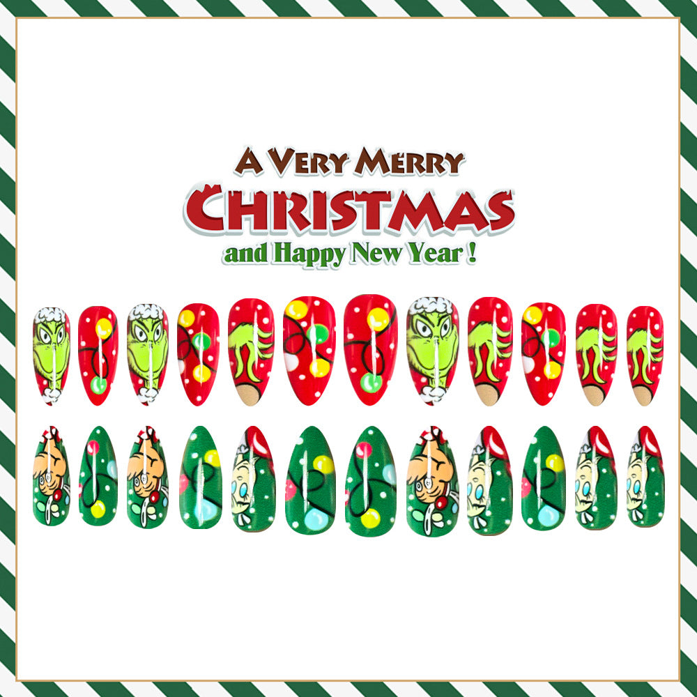 24pcs/Set Christmas Green And Red With Grinch Candy Press-On Nails