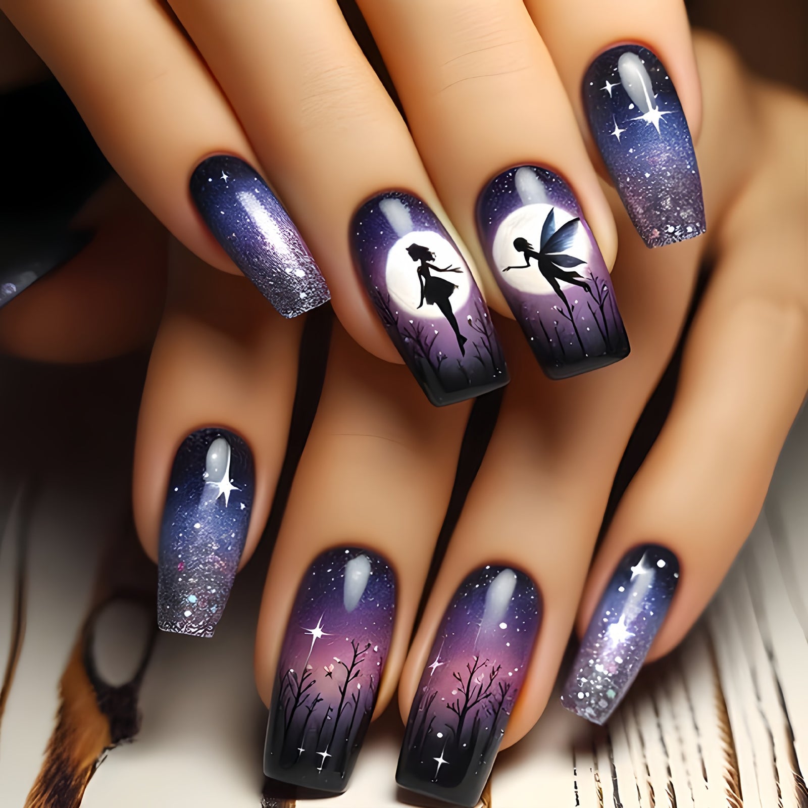 24pcs/Set Lavender Swirl With Stars And Elves Press-On Nails