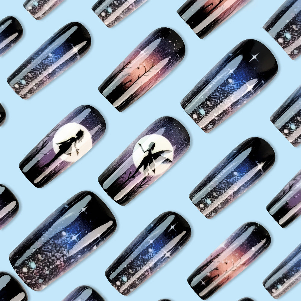 24pcs/Set Lavender Swirl With Stars And Elves Press-On Nails