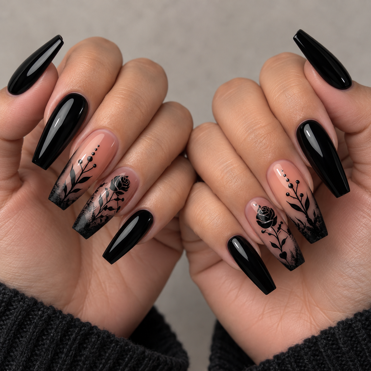 24pcs/Set Night Rose Black Pattern Press-On Nails