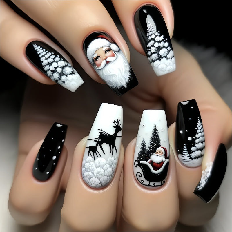 24pcs/Set Christmas Black Santa Snowflake Reindeer Press-On Nails