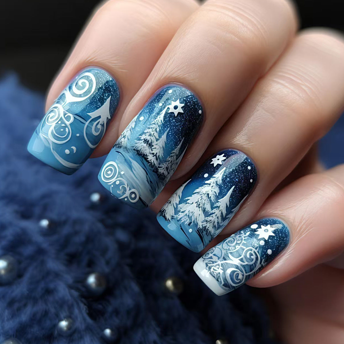 24pcs/Set Christmas Starlight Meteor Silver Thread Blue Ombre Press-On Nails