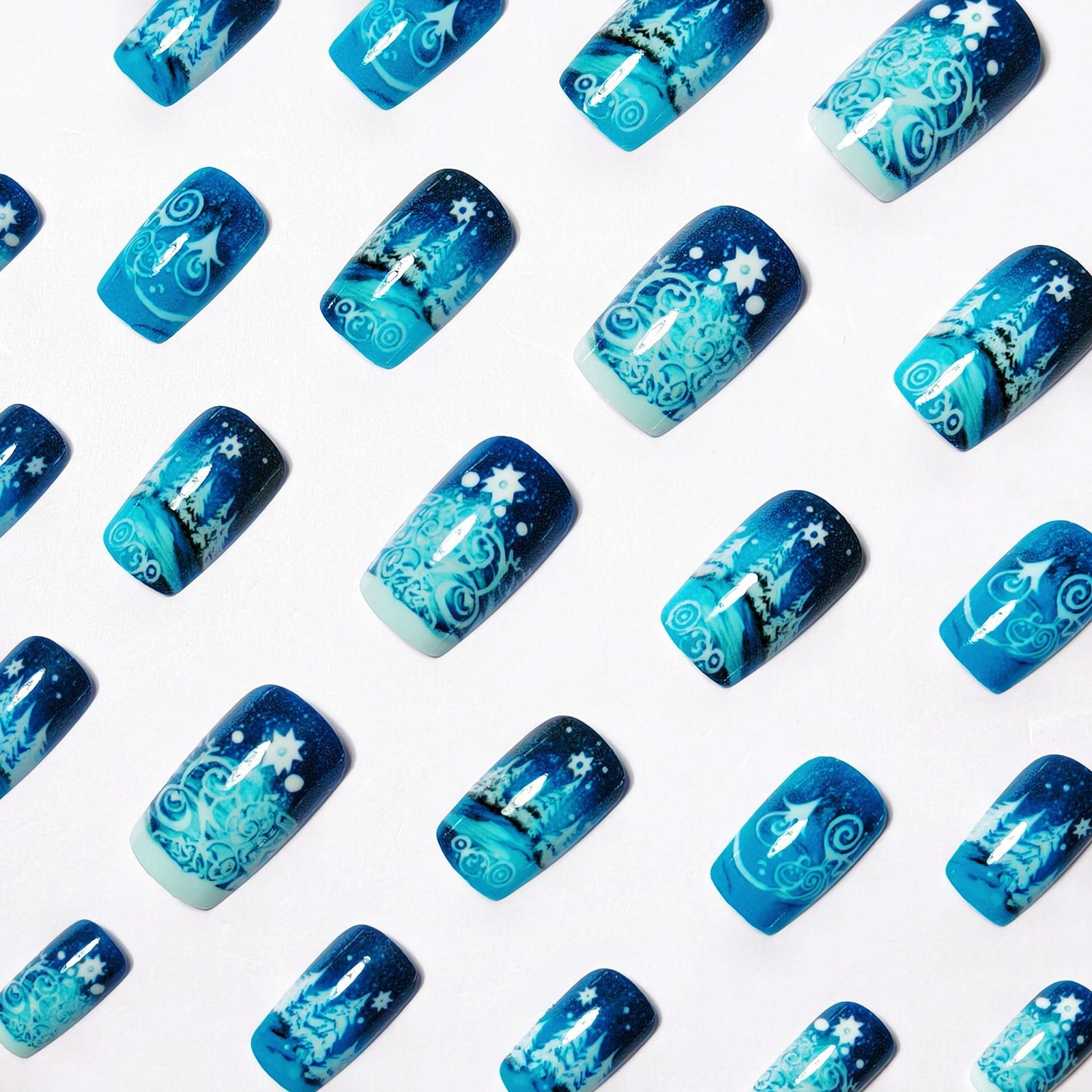 24pcs/Set Christmas Starlight Meteor Silver Thread Blue Ombre Press-On Nails