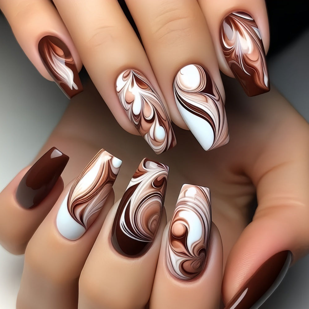 24pcs/Set Coffee-Colored Marble Effect Press-On Nails