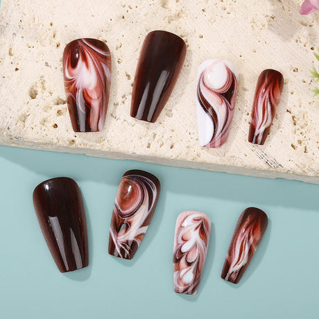 24pcs/Set Coffee-Colored Marble Effect Press-On Nails