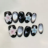 (Handmade) 10pcs/Set Camellia Flower Black White Short Style Press-On Nails