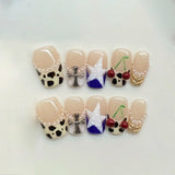 (Handmade) 10pcs/Set Blue White Star Short Leopard Cherry Press-On Nails