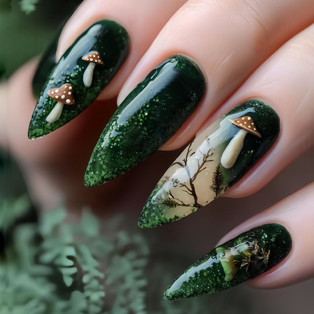 24pcs/Set  Green Mirror Powder Mushroom Forest Press-On Nails