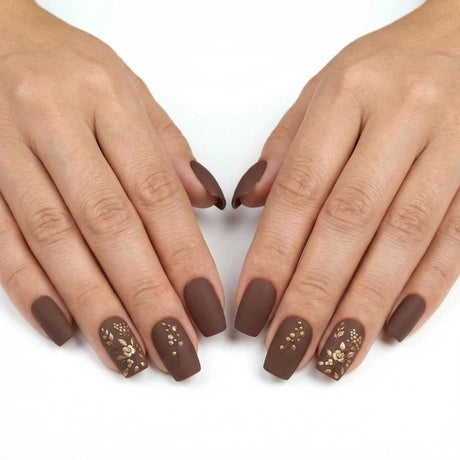 24pcs/Set Maillard Tones Flowers Short Press-On Nails