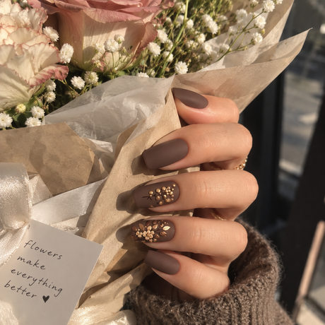 24pcs/Set Maillard Tones Flowers Short Press-On Nails