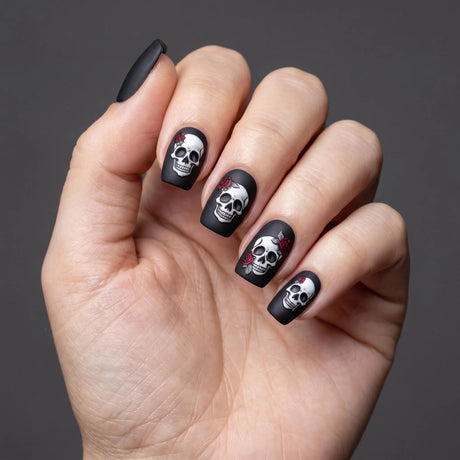 24pcs/Set Halloween Black Skull Rose Press-On Nails