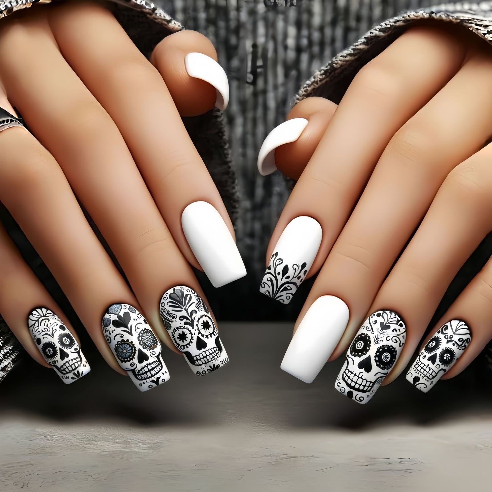 24pcs/Set Black Skeleton on White Halloween Press-On Nails