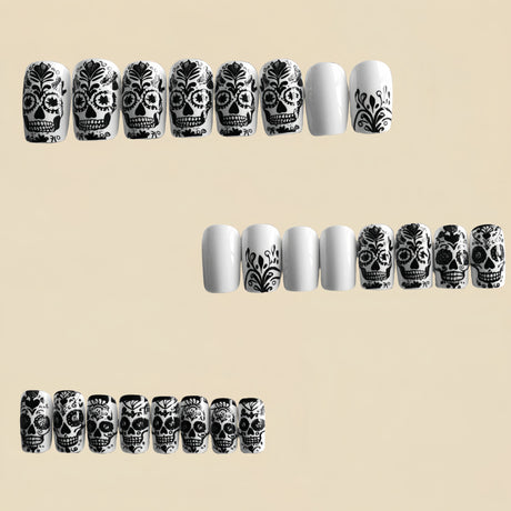 24pcs/Set Black Skeleton on White Halloween Press-On Nails