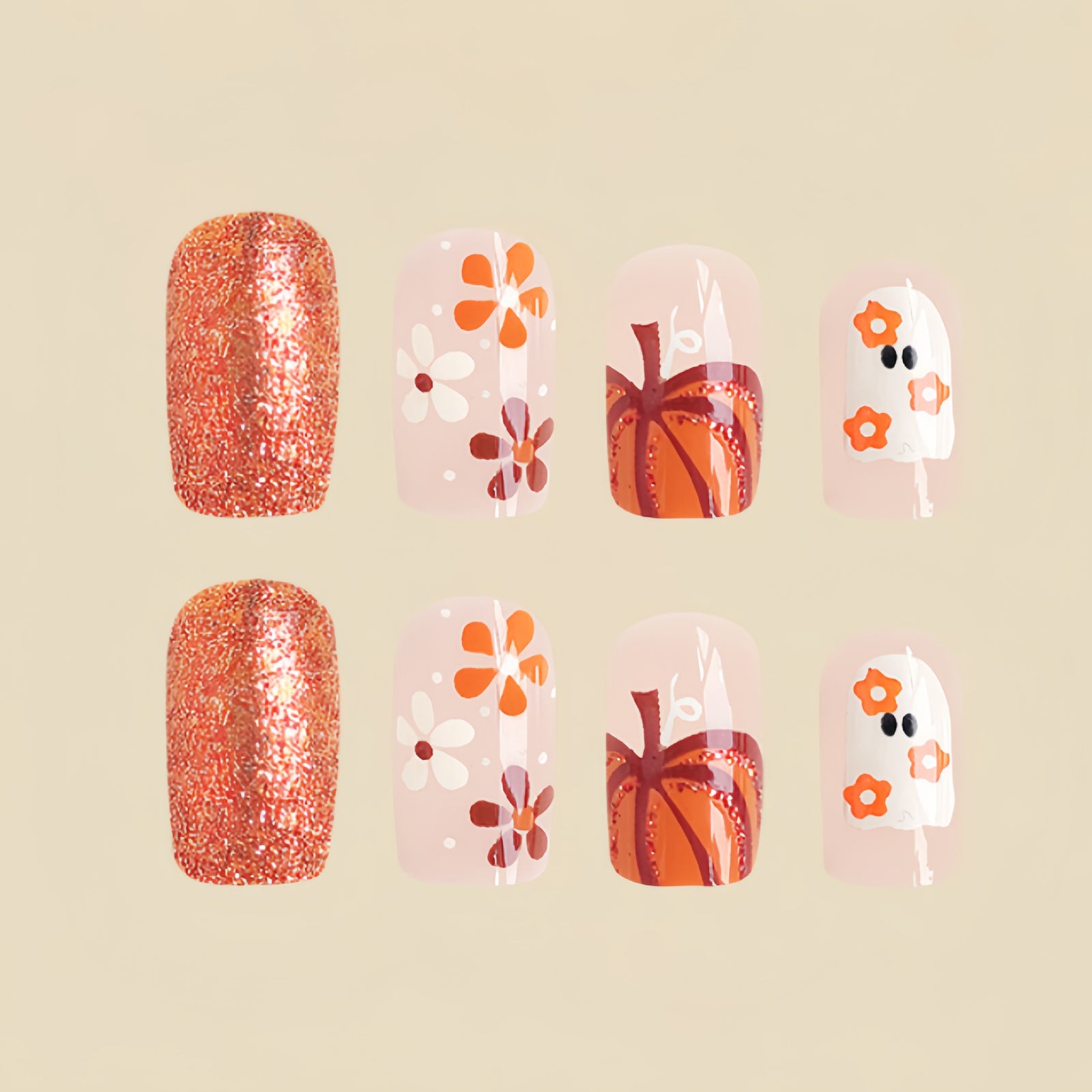 24pcs/Set Halloween Short Ghost Floral Pumpkin Press-On Nails