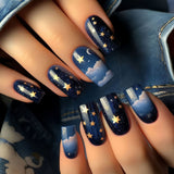 24pcs/Set Blue Stars Moon Clouds Press-On Nails