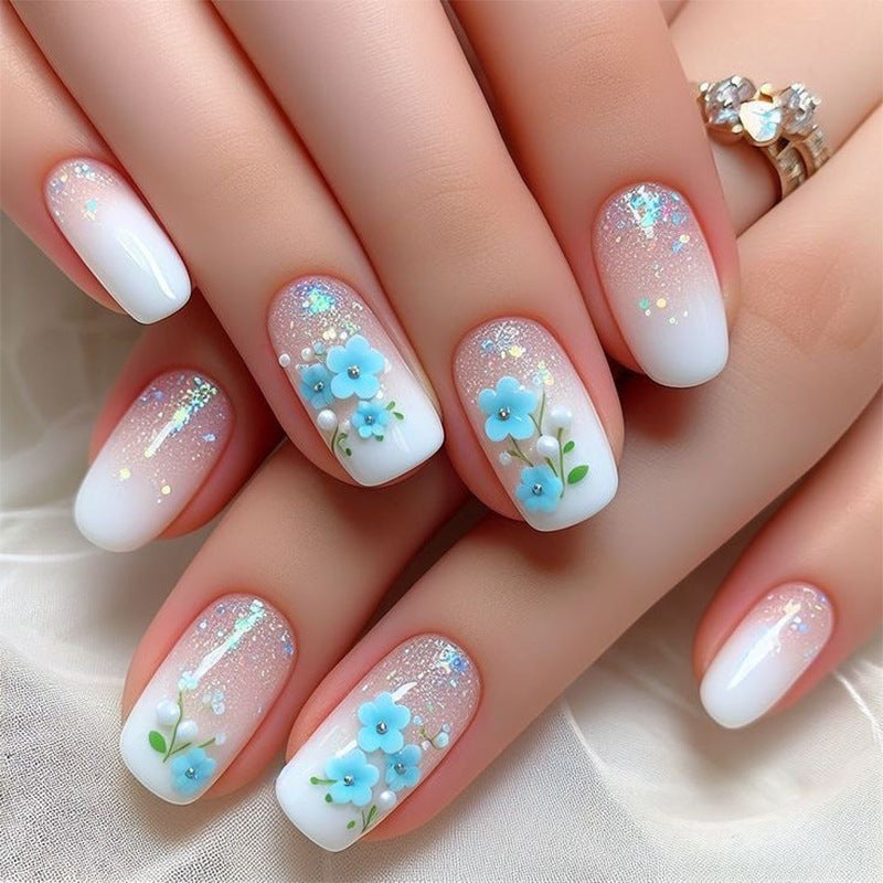 24pcs/Set Short Blue Floral Ombre Top in Pink and White Press-On Nails