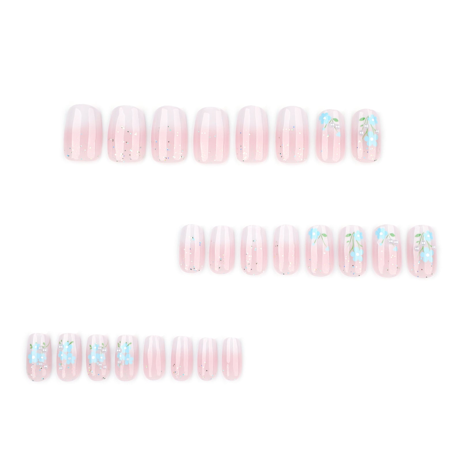 24pcs/Set Short Blue Floral Ombre Top in Pink and White Press-On Nails