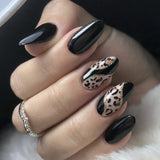 24pcs/Set  Autumn Winter Leopard Print Black Solid Color Patchwork Press-On Nails