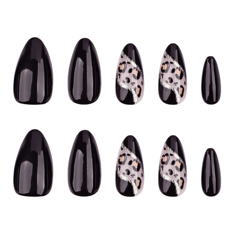 24pcs/Set  Autumn Winter Leopard Print Black Solid Color Patchwork Press-On Nails