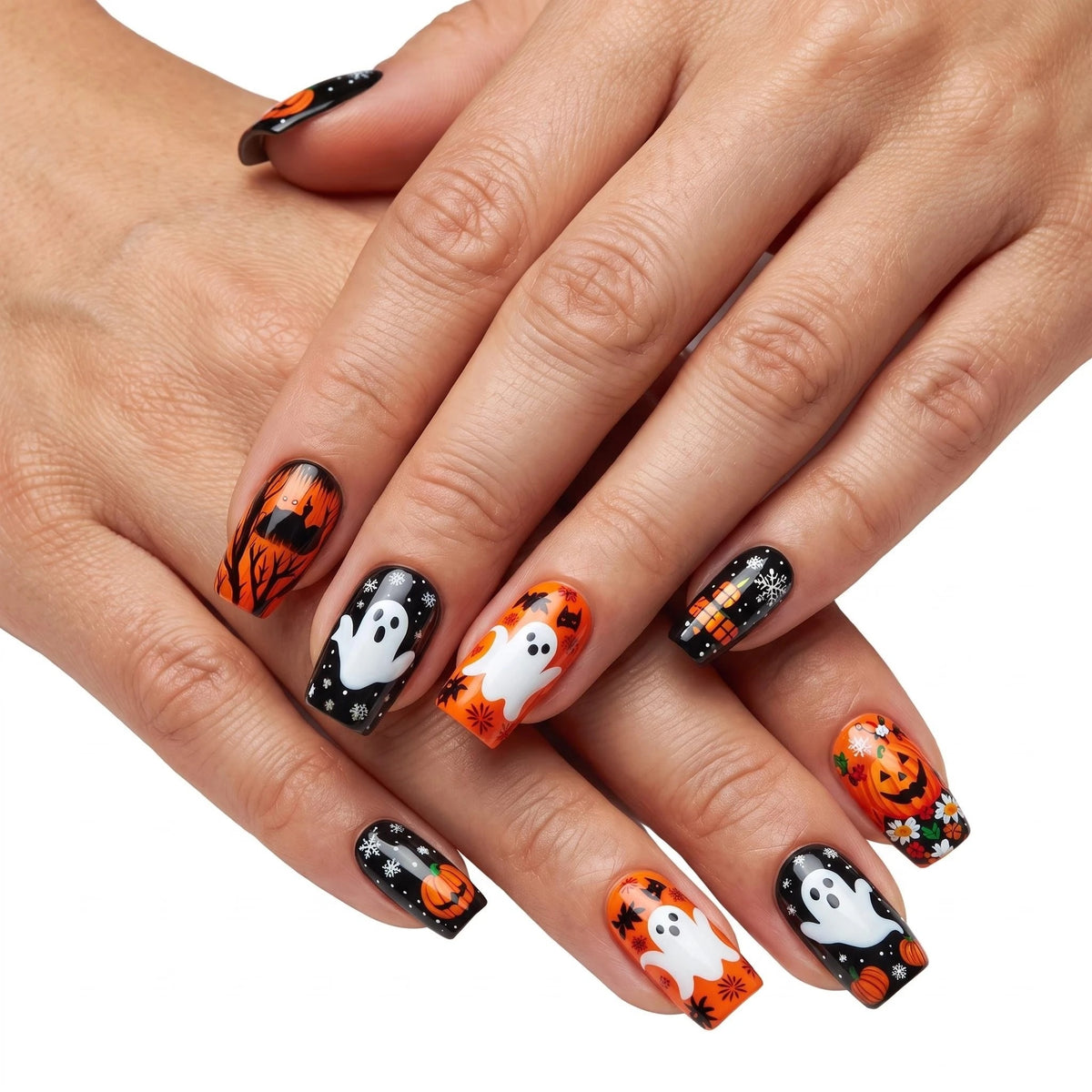 24pcs/Set Halloween Pumpkin Lantern Ghost Bat Press-On Nails