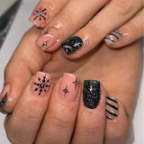 24pcs/Set Short Christmas Black Laser Silver Stripe Snowflake And Four-Point Star Press-On Nails