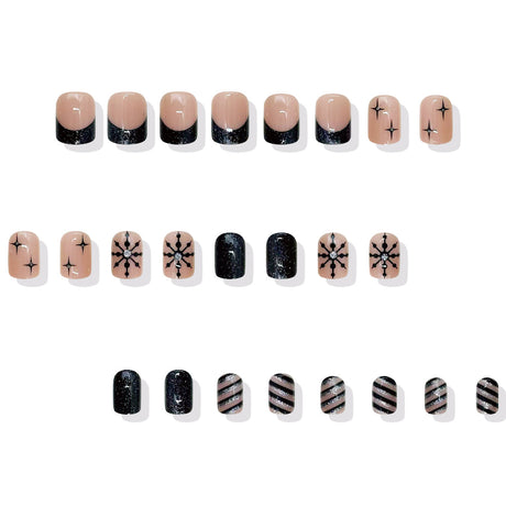 24pcs/Set Short Christmas Black Laser Silver Stripe Snowflake And Four-Point Star Press-On Nails