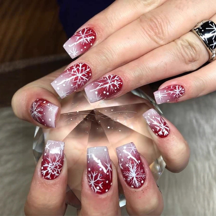 24pcs/Set Christmas Red French Manicure With White Snowflakes Press-On Nails