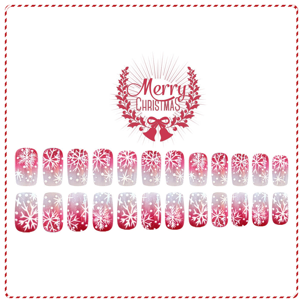 24pcs/Set Christmas Red French Manicure With White Snowflakes Press-On Nails