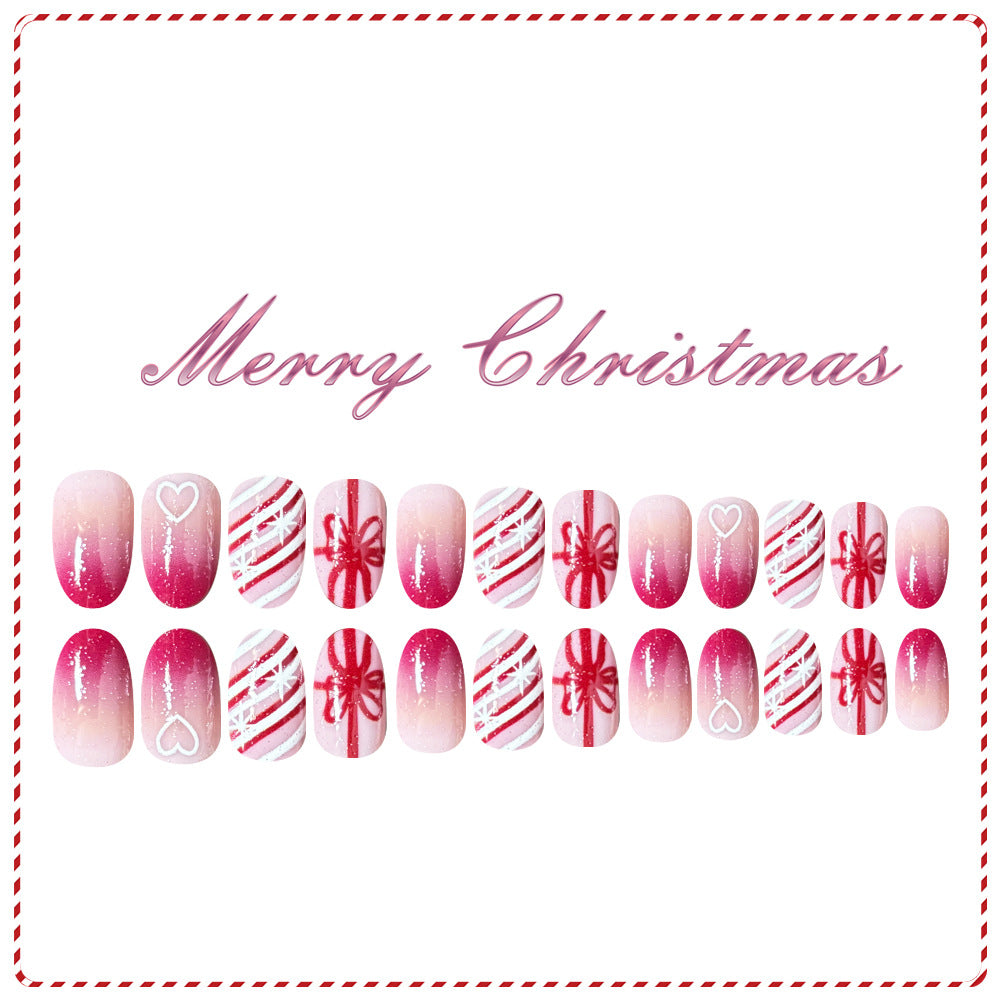 24pcs/Set Short Christmas Pink Gift With Red And White Stripes And Heart Press-On Nails