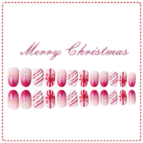 24pcs/Set Short Christmas Pink Gift With Red And White Stripes And Heart Press-On Nails